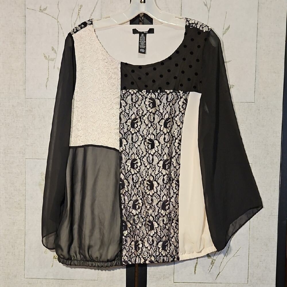Asymmetrical Black and White Blouse with Dolman Sleeves